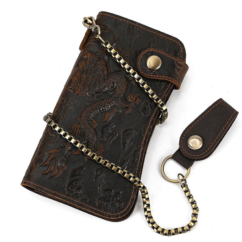 Long Biker Exotic Leather Wallet with Chain - Genuine Elephant Leather,  Black, Brown Interior, Brown Stitching