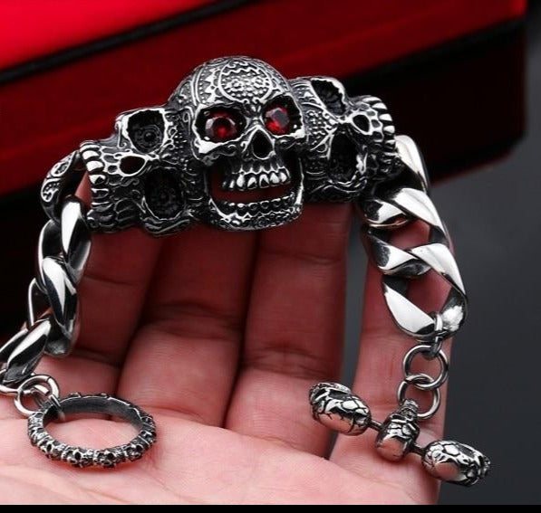 Heavy Red Stone Eyes Biker Skull Bracelet The Bikers Bounty